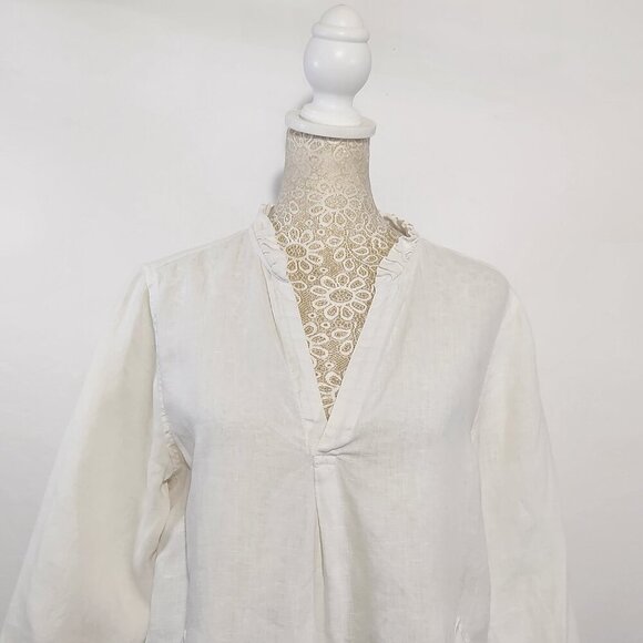 Cynthia Rowley Women's Size M White Linen 3/4 Sleeve Ruffle V-Neck Pockets Top - Picture 2 of 15